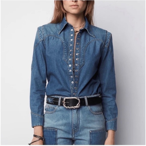 Zadig & Voltaire Tops - Zadig & Voltaire Thelmus Denim Western Shirt Size Medium Wash Blue Cotton Womens
